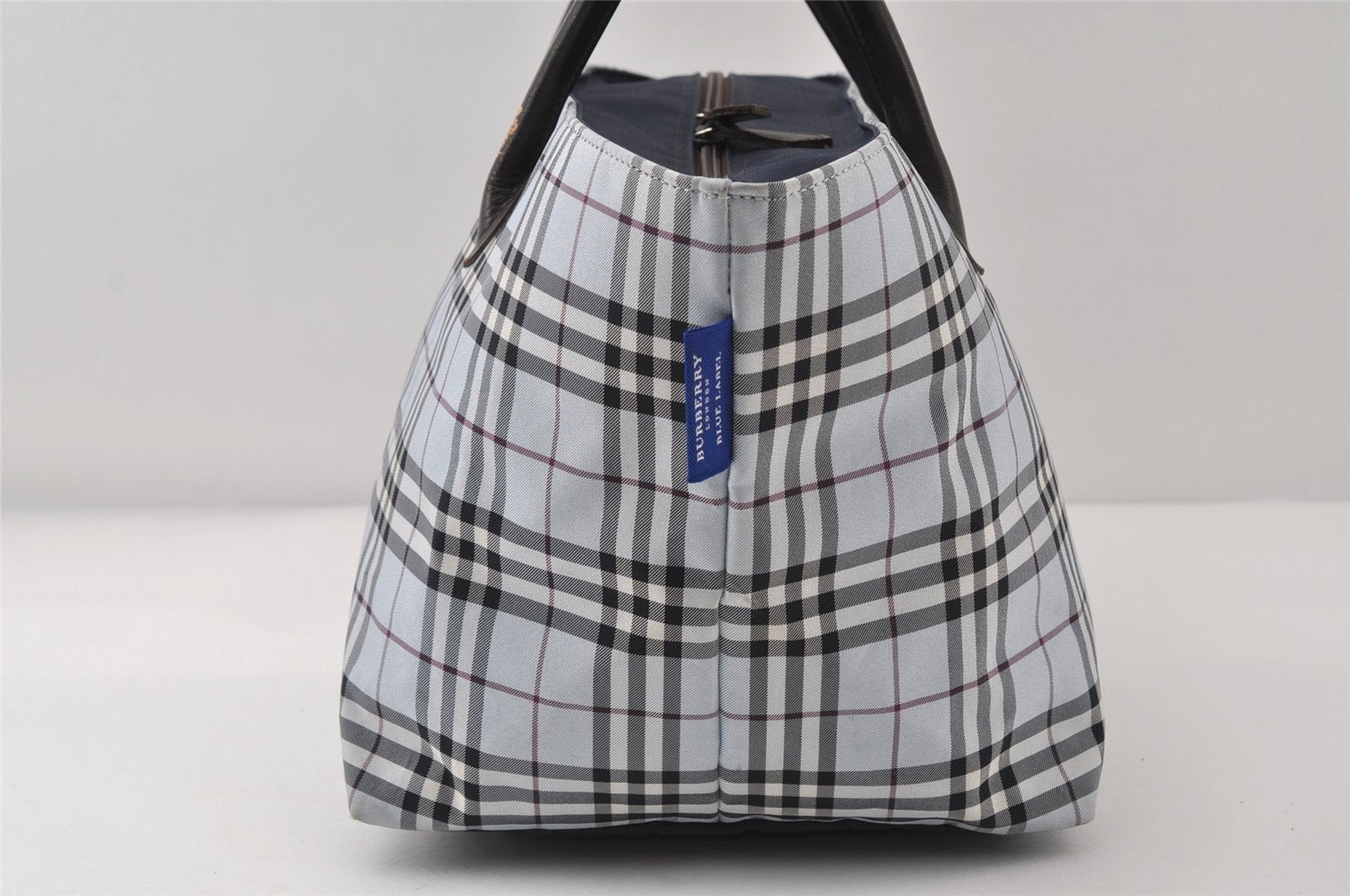 Authentic BURBERRY BLUE LABEL Check Tote Bag Nylon Leather Light Blue 9378I