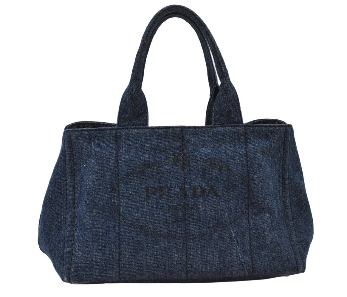 Authentic PRADA Vintage M Denim Tote Hand Bag Blue 9384I