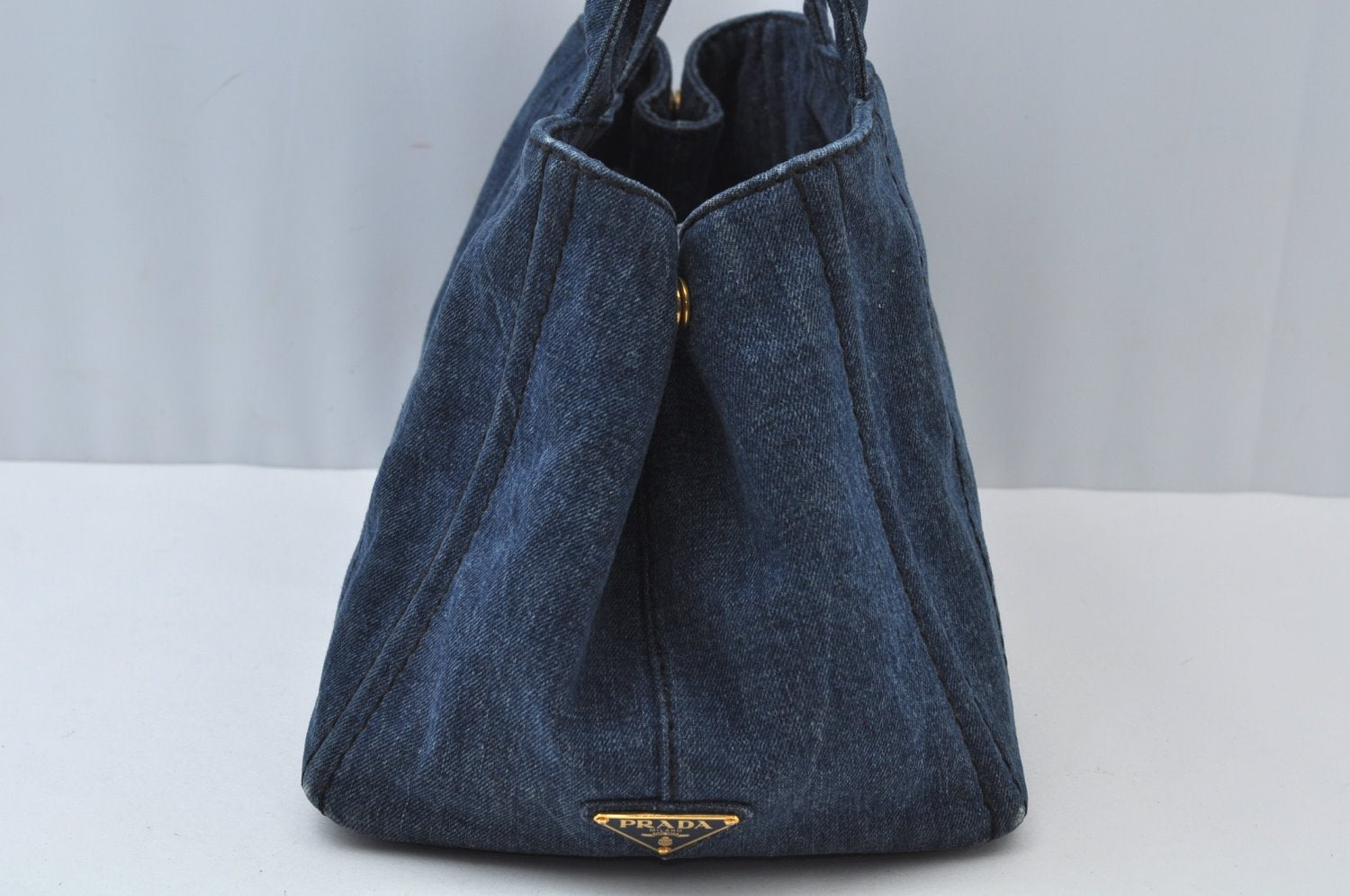 Authentic PRADA Vintage M Denim Tote Hand Bag Blue 9384I