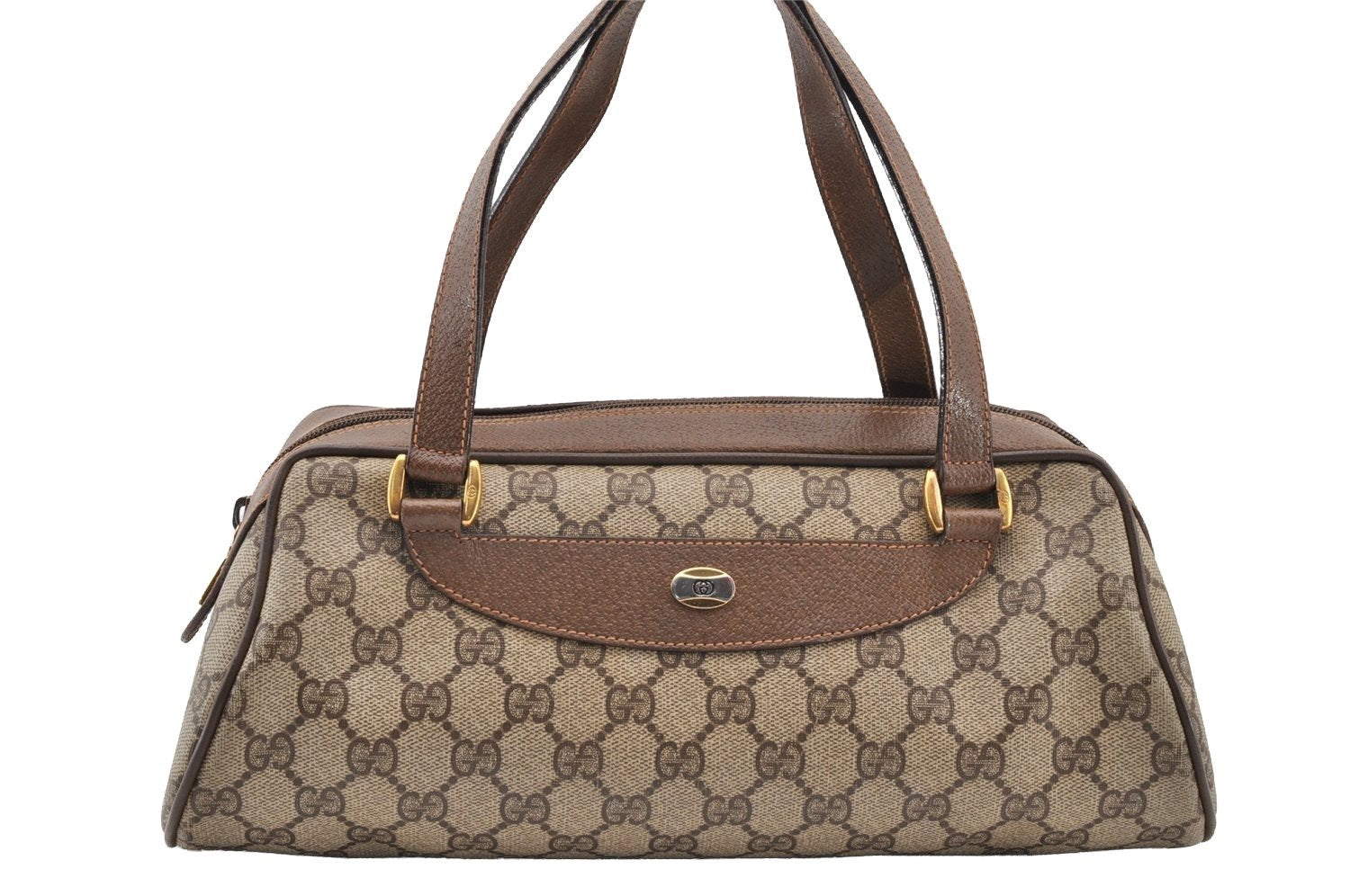Authentic GUCCI Vintage Hand Boston Bag GG PVC Leather Brown Junk 9393I