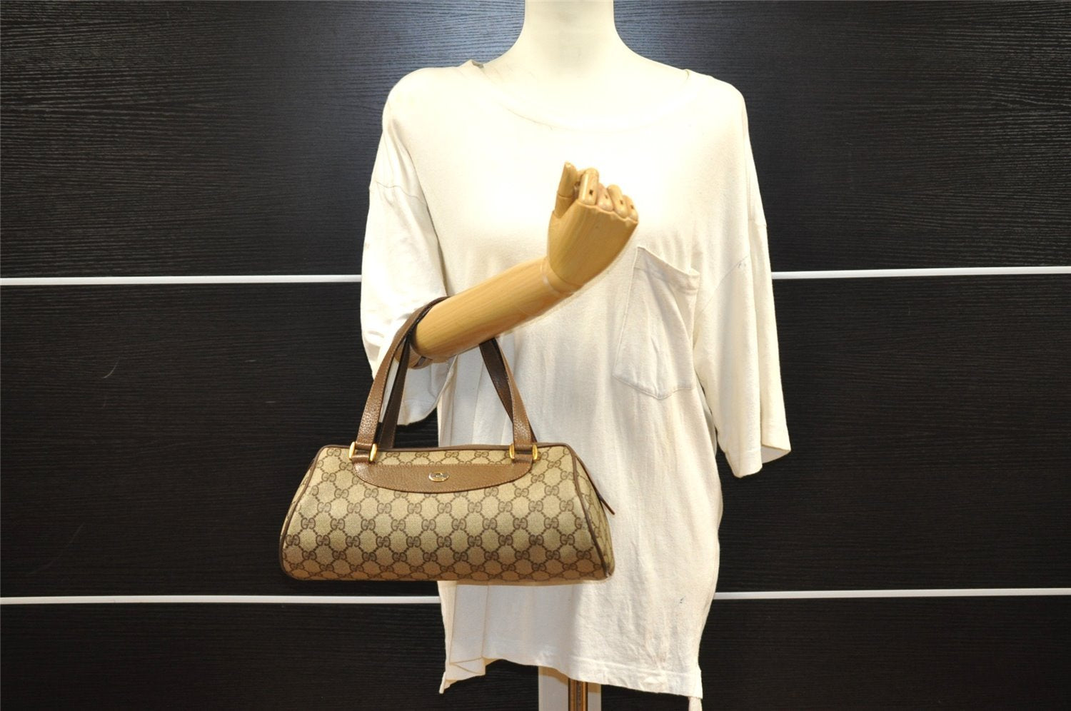 Authentic GUCCI Vintage Hand Boston Bag GG PVC Leather Brown Junk 9393I