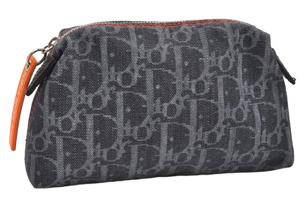 Authentic Christian Dior Trotter Cosmetic Pouch Purse Denim Leather Navy 9395I