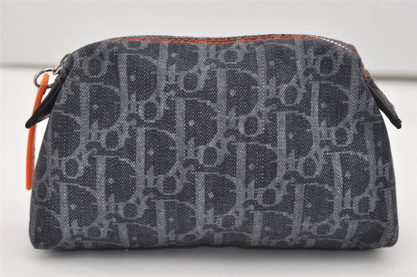 Authentic Christian Dior Trotter Cosmetic Pouch Purse Denim Leather Navy 9395I