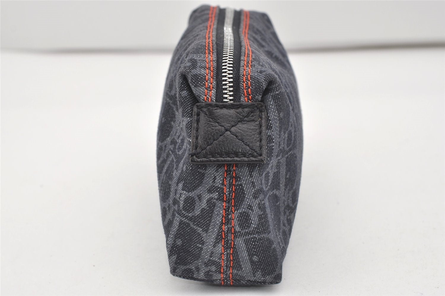 Authentic Christian Dior Trotter Cosmetic Pouch Purse Denim Leather Navy 9395I