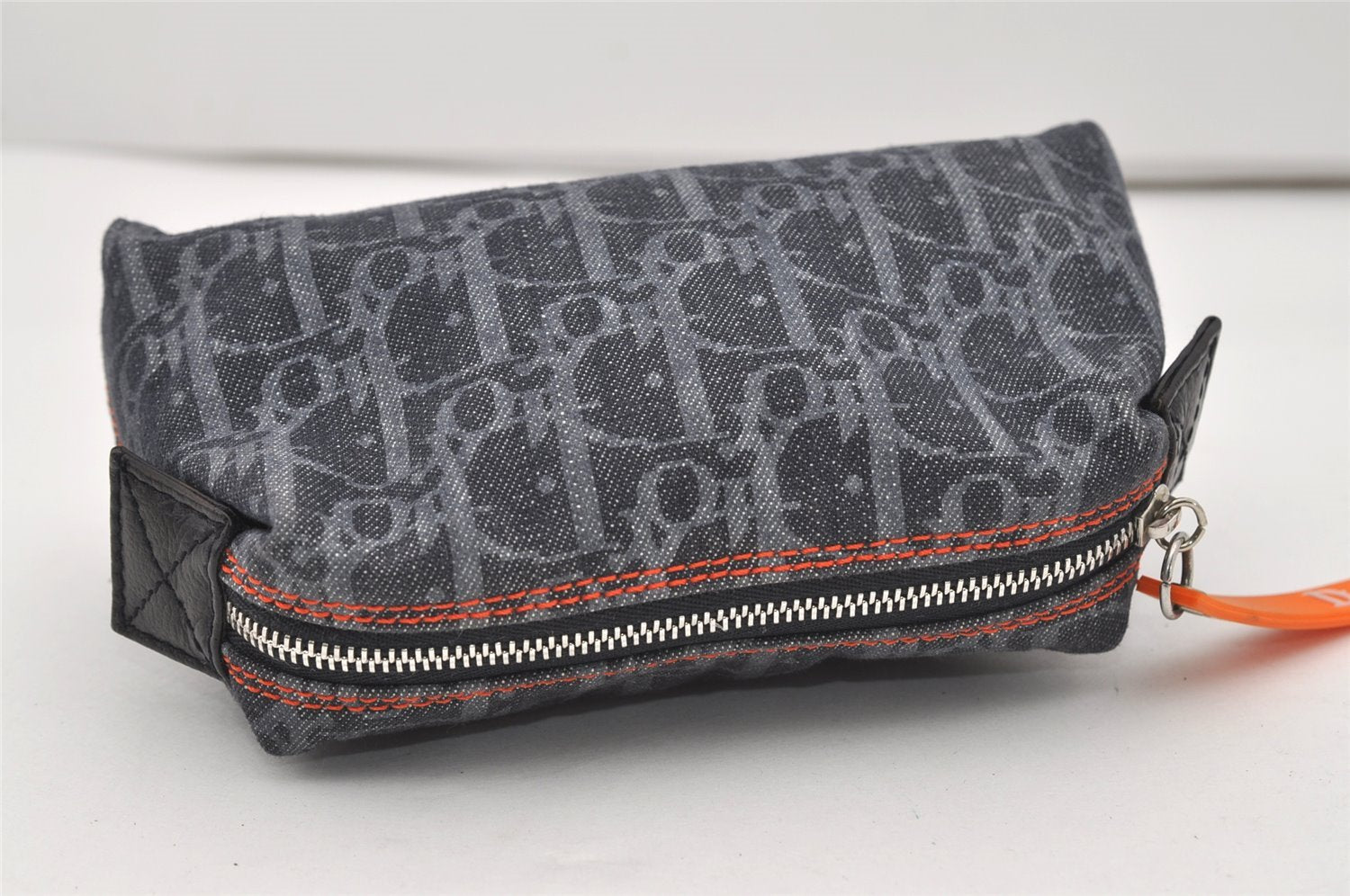 Authentic Christian Dior Trotter Cosmetic Pouch Purse Denim Leather Navy 9395I