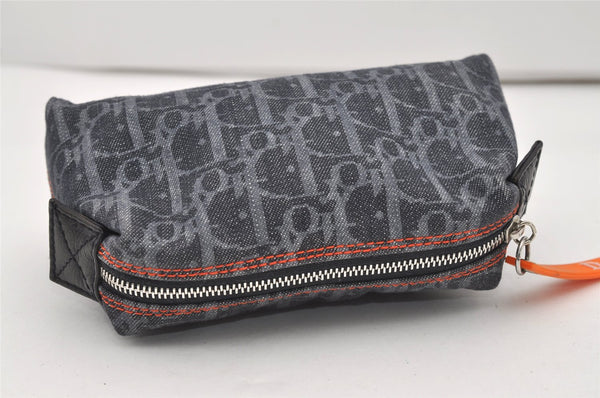 Authentic Christian Dior Trotter Cosmetic Pouch Purse Denim Leather Navy 9395I