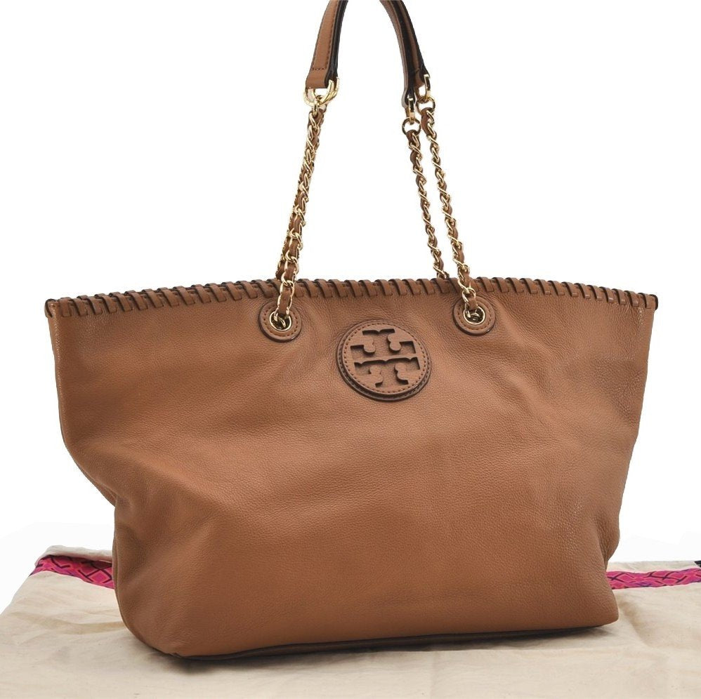 Authentic TORY BURCH Vintage Marion Chain Shoulder Tote Bag Leather Brown 9400I