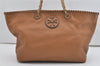 Authentic TORY BURCH Vintage Marion Chain Shoulder Tote Bag Leather Brown 9400I