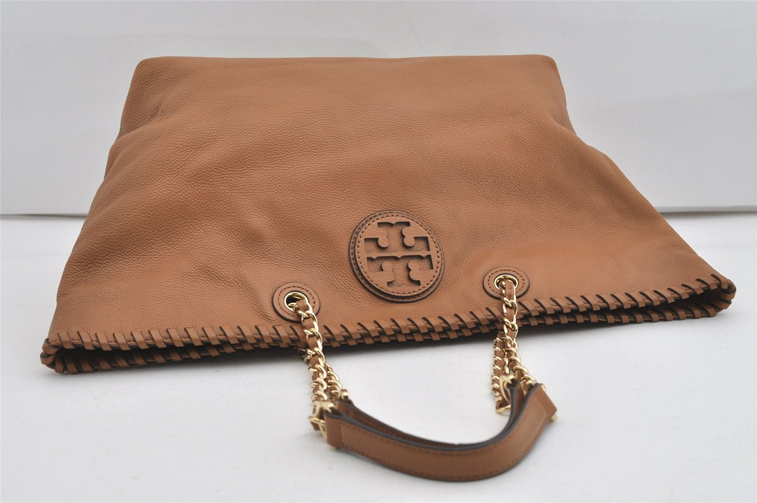 Authentic TORY BURCH Vintage Marion Chain Shoulder Tote Bag Leather Brown 9400I