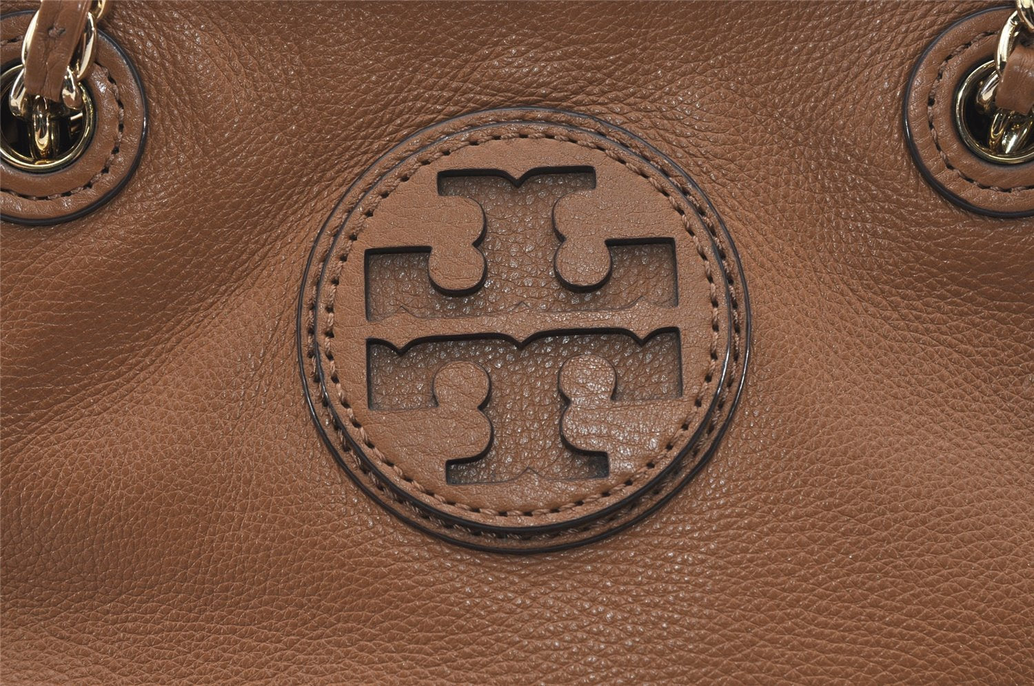 Authentic TORY BURCH Vintage Marion Chain Shoulder Tote Bag Leather Brown 9400I