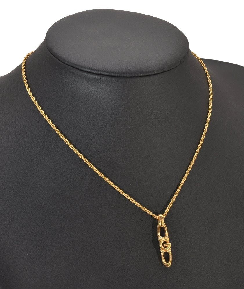 Authentic GIVENCHY Rhinestone Logo Motif Chain Pendant Necklace Gold Tone 9407I