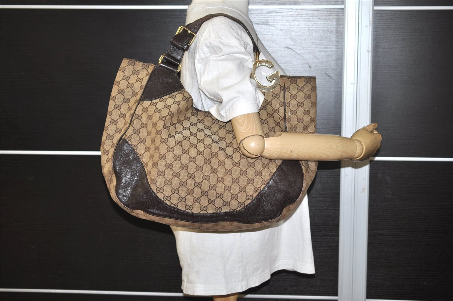 Authentic GUCCI Charlotte Shoulder Tote Bag GG Canvas Leather 203504 Brown 9420I