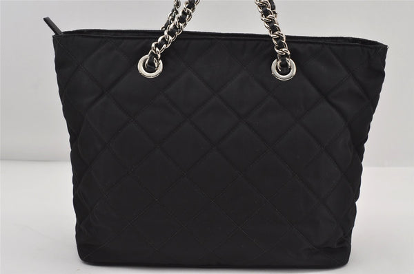 Authentic PRADA Nylon Tessuto Saffiano Leather Chain Tote Bag Black 9421I