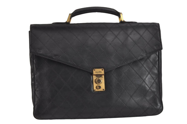 Authentic CHANEL Calf Skin Bicolore CoCo Mark Briefcase Business Bag Black 9422I