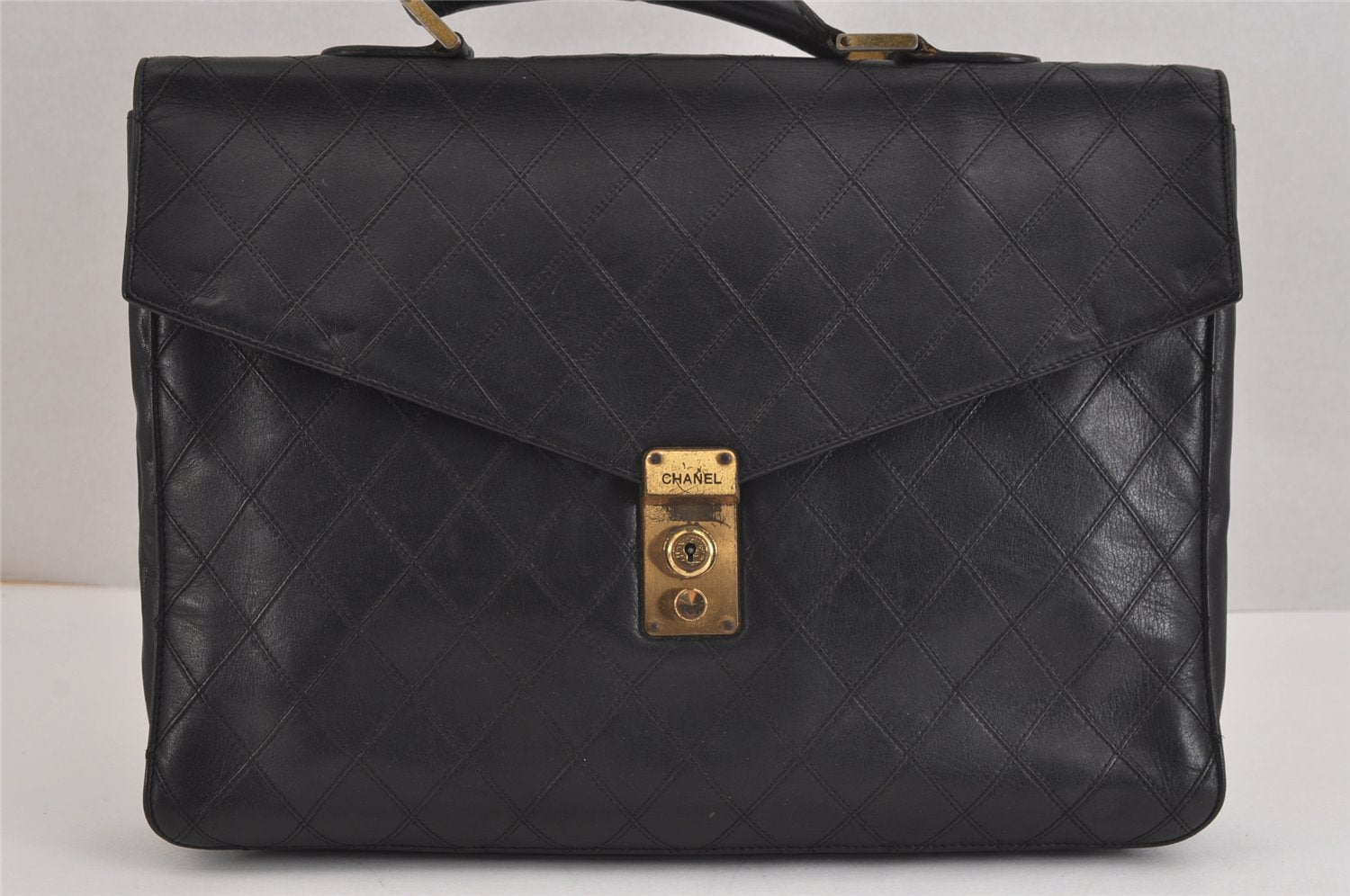 Authentic CHANEL Calf Skin Bicolore CoCo Mark Briefcase Business Bag Black 9422I