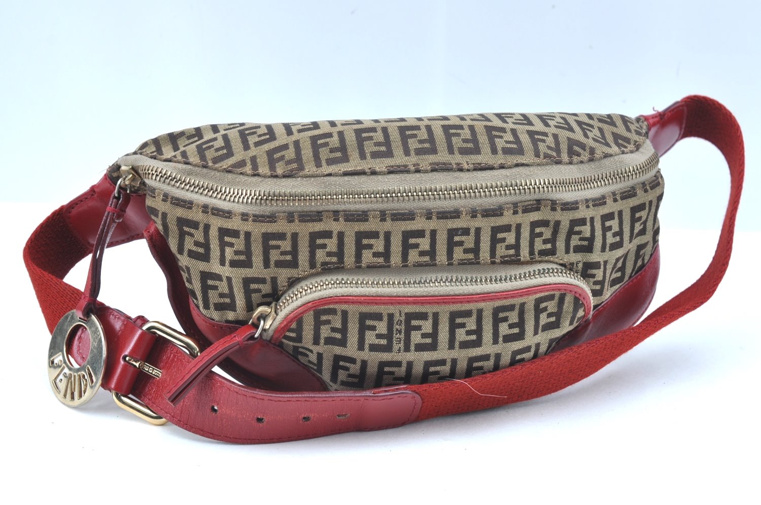 Authentic FENDI Vintage Zucchino Waist Body Bag Purse Canvas Leather Brown 9435I