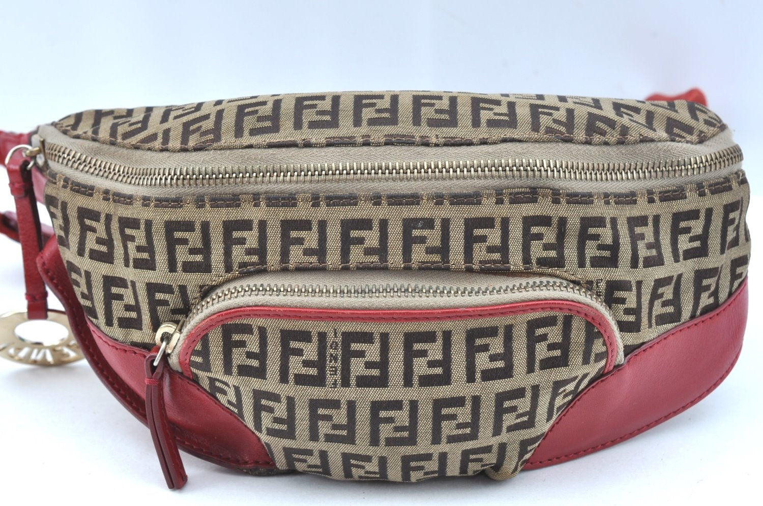 Authentic FENDI Vintage Zucchino Waist Body Bag Purse Canvas Leather Brown 9435I