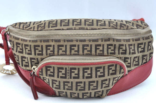 Authentic FENDI Vintage Zucchino Waist Body Bag Purse Canvas Leather Brown 9435I