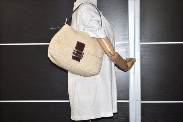 Authentic FENDI Zucca Mamma Baguette Shoulder Bag Canvas Leather Beige 9444J