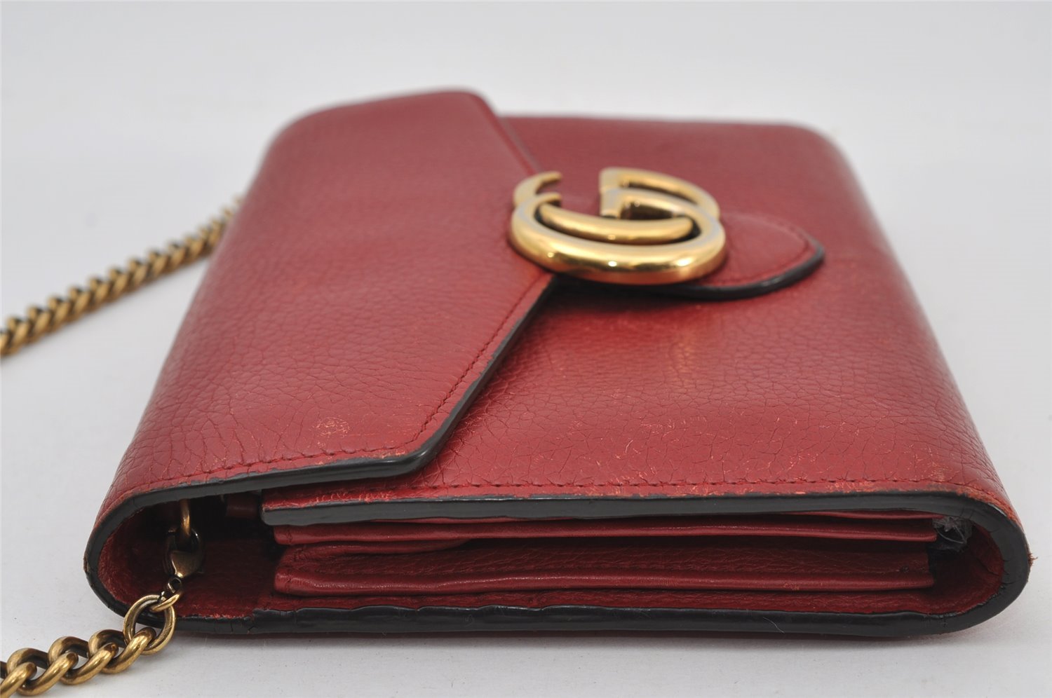 Authentic GUCCI GG Marmont Chain Shoulder Long Wallet Leather 401232 Red 9450I