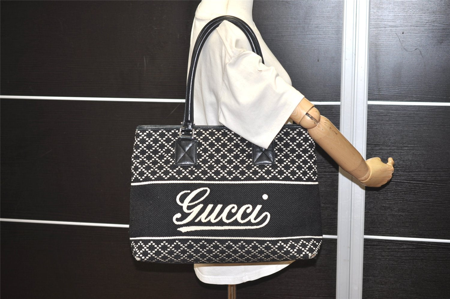 Authentic GUCCI Diamante Shoulder Tote Bag Wool Leather 257304 Black 9451I