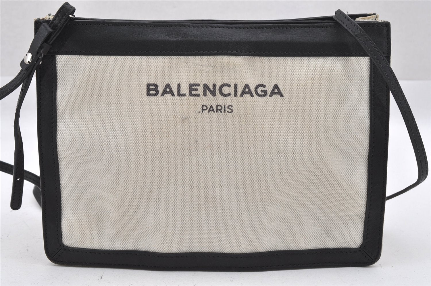Auth BALENCIAGA Navy Pochette Shoulder Bag Canvas Leather 339937 White 9460I