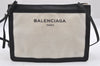 Auth BALENCIAGA Navy Pochette Shoulder Bag Canvas Leather 339937 White 9460I