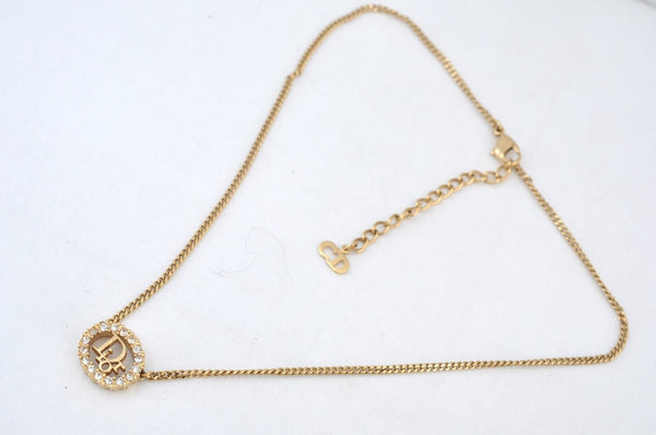 Authentic Christian Dior Gold Tone Rhinestone Chain Pendant Necklace CD 9461H