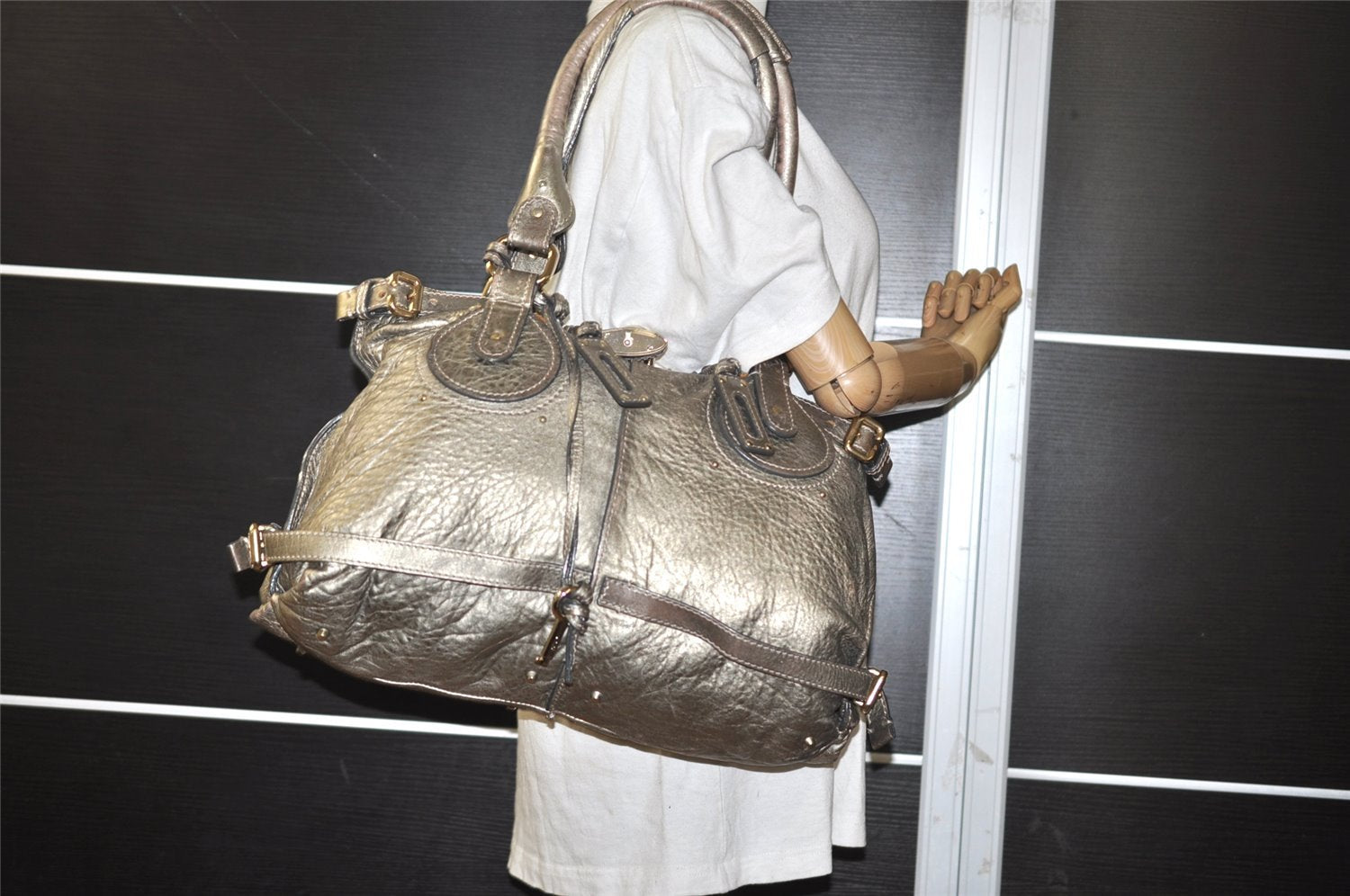 Authentic Chloe Vintage Paddington Leather Shoulder Tote Bag Gold 9462J
