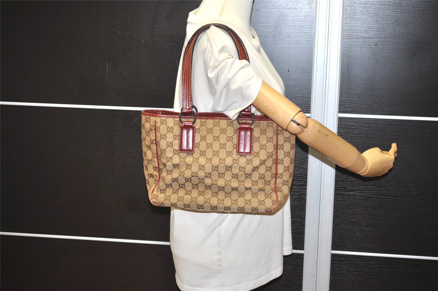 Authentic GUCCI Vintage Shoulder Tote Bag GG Canvas Leather 113019 Brown 9477I