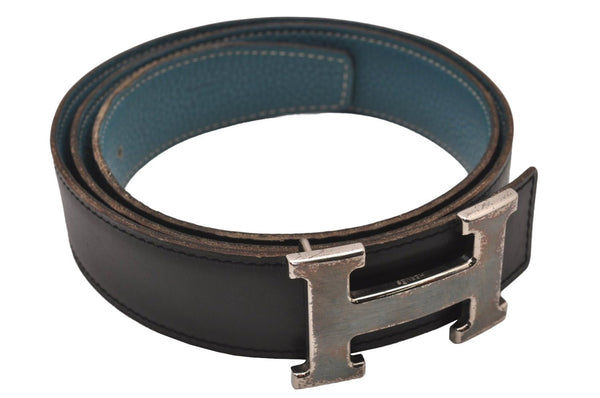 Authentic HERMES Constance Leather Belt Size 90cm 35.4" Black Blue 9492I