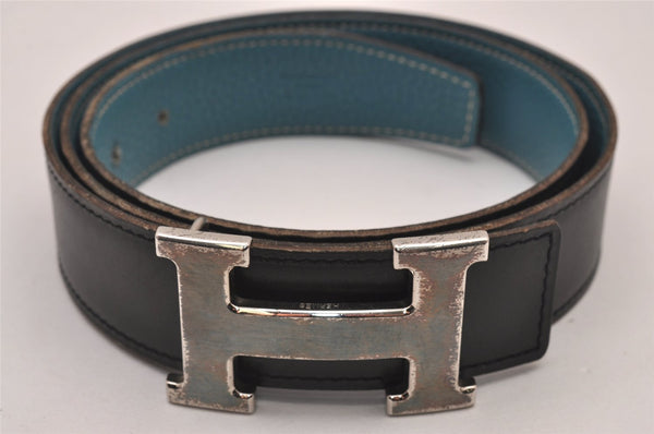 Authentic HERMES Constance Leather Belt Size 90cm 35.4" Black Blue 9492I