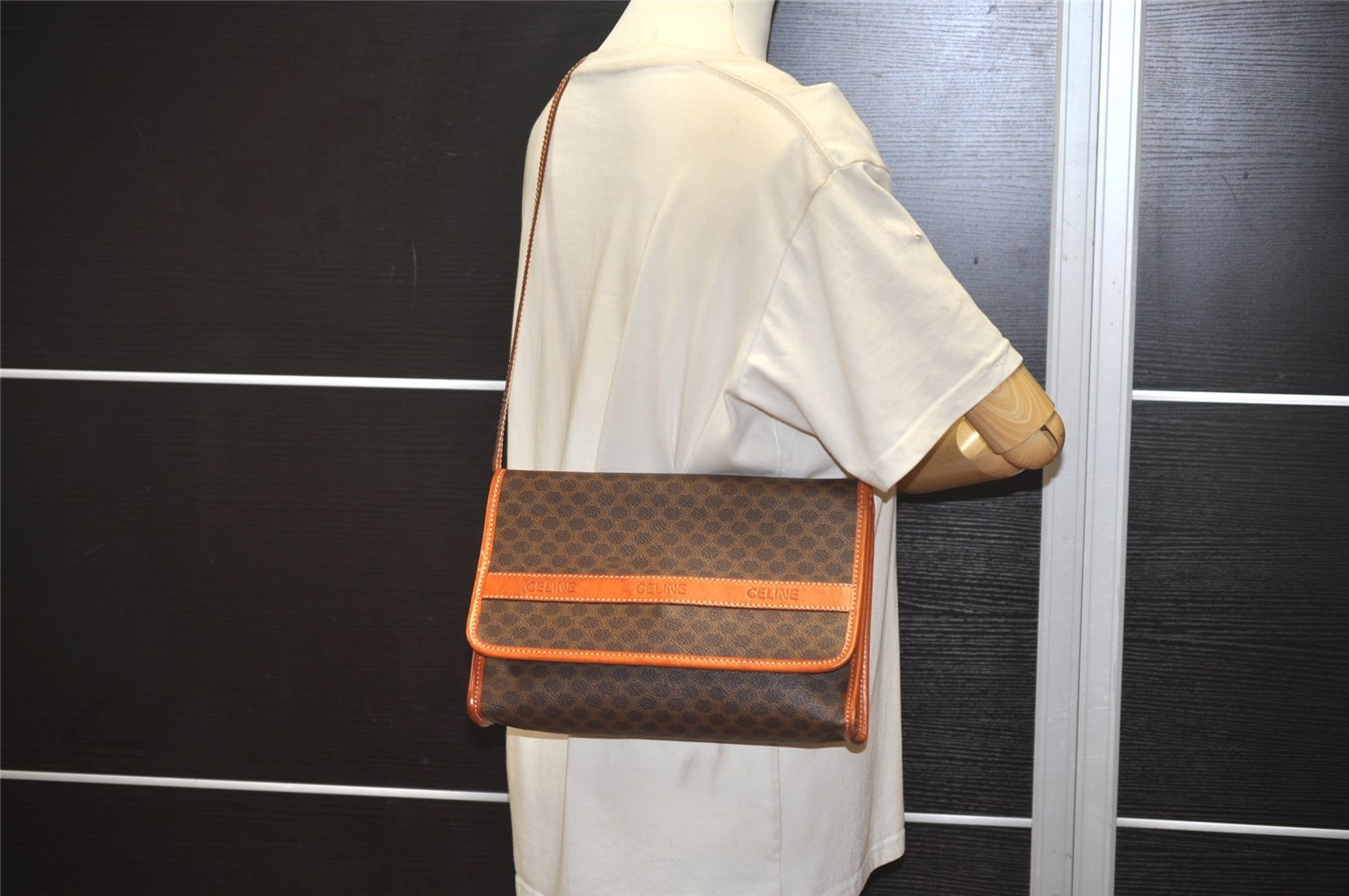 Authentic CELINE Macadam Blason Shoulder Cross Body Bag PVC Leather Brown 9495J
