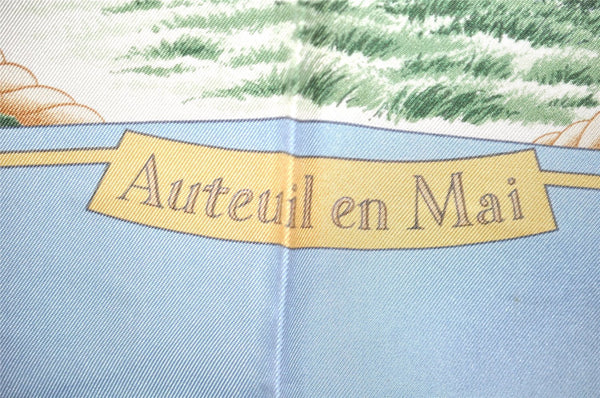 Authentic HERMES Carre 90 Scarf "Auteuil en Mai" Silk Light Blue 9498J