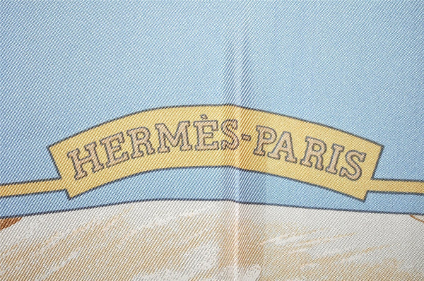 Authentic HERMES Carre 90 Scarf "Auteuil en Mai" Silk Light Blue 9498J