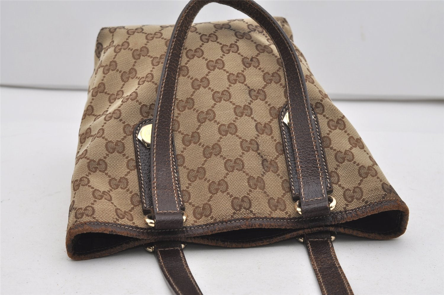 Authentic GUCCI Charmy Shoulder Tote Bag GG Canvas Leather 153361 Brown 9501I