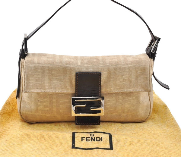 Authentic FENDI Zucca Mamma Baguette Shoulder Bag Canvas Leather Beige 9504I