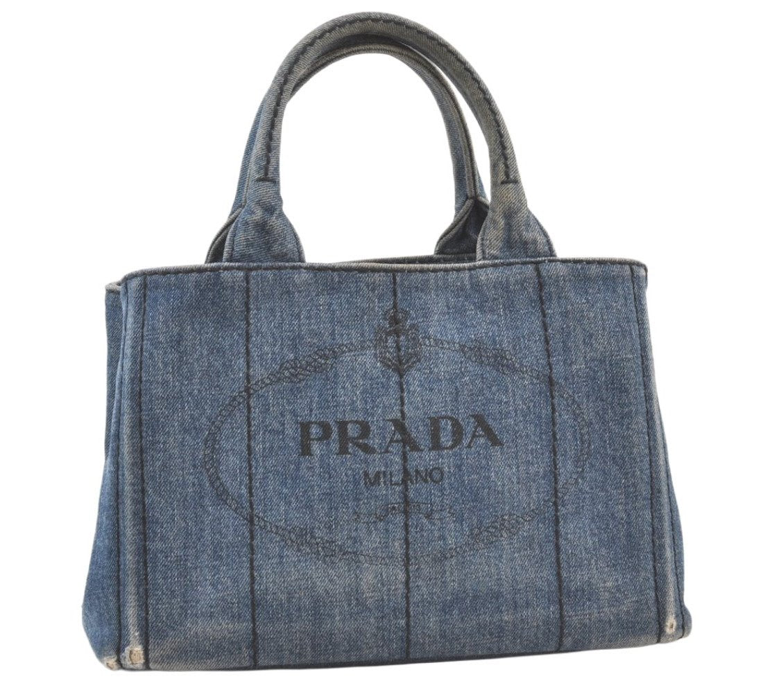 Authentic PRADA Vintage Canapa SS Denim 2Way Hand Tote Bag Purse Blue 9513J