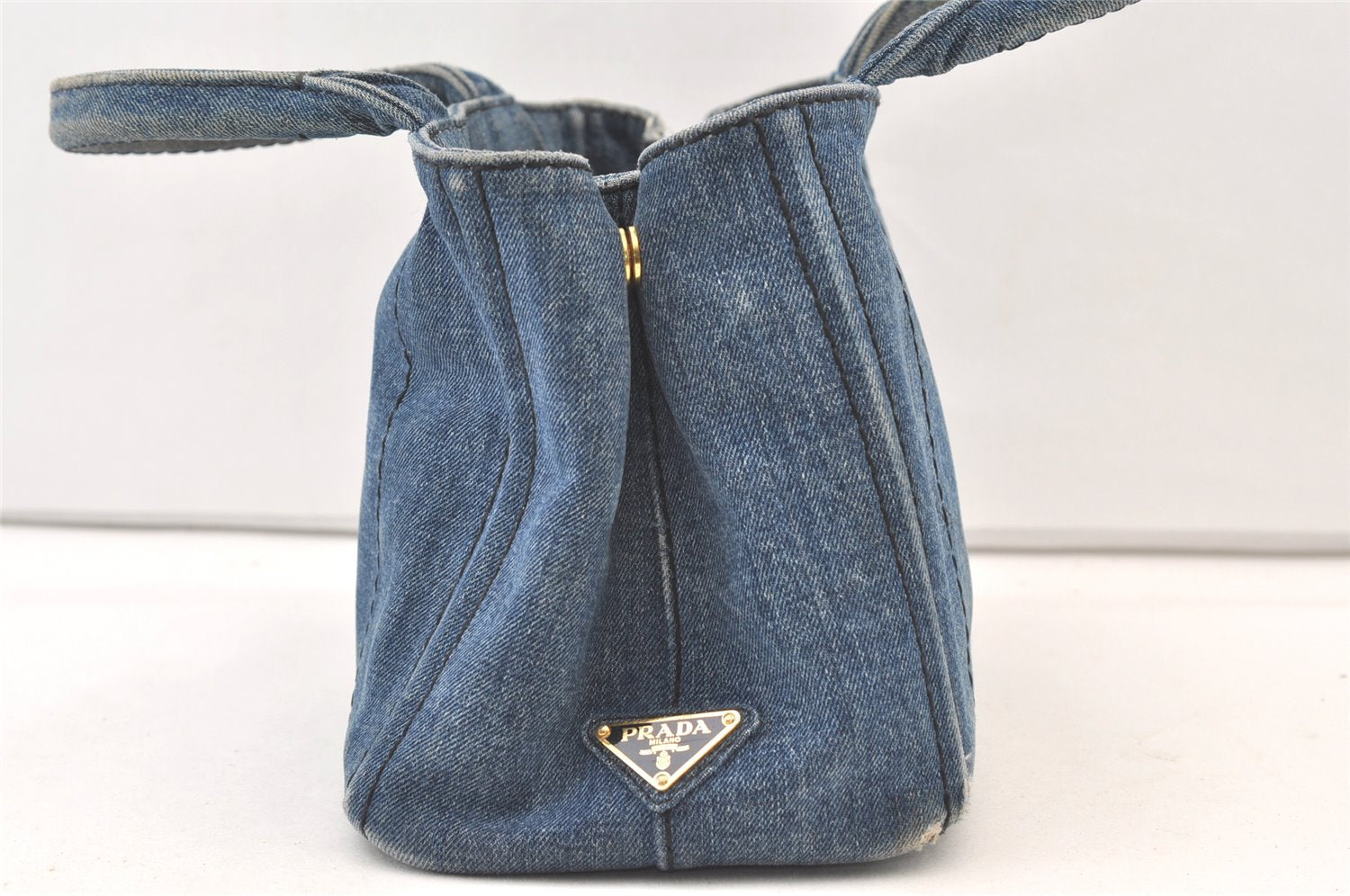 Authentic PRADA Vintage Canapa SS Denim 2Way Hand Tote Bag Purse Blue 9513J