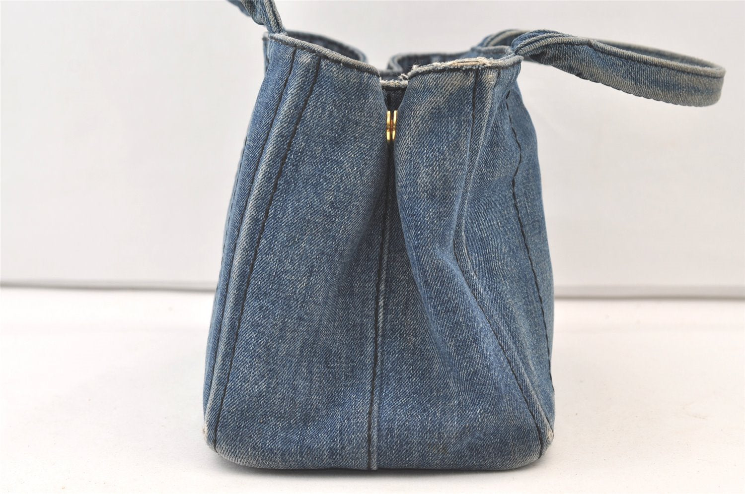 Authentic PRADA Vintage Canapa SS Denim 2Way Hand Tote Bag Purse Blue 9513J