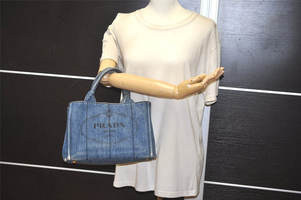 Authentic PRADA Vintage Canapa SS Denim 2Way Hand Tote Bag Purse Blue 9513J