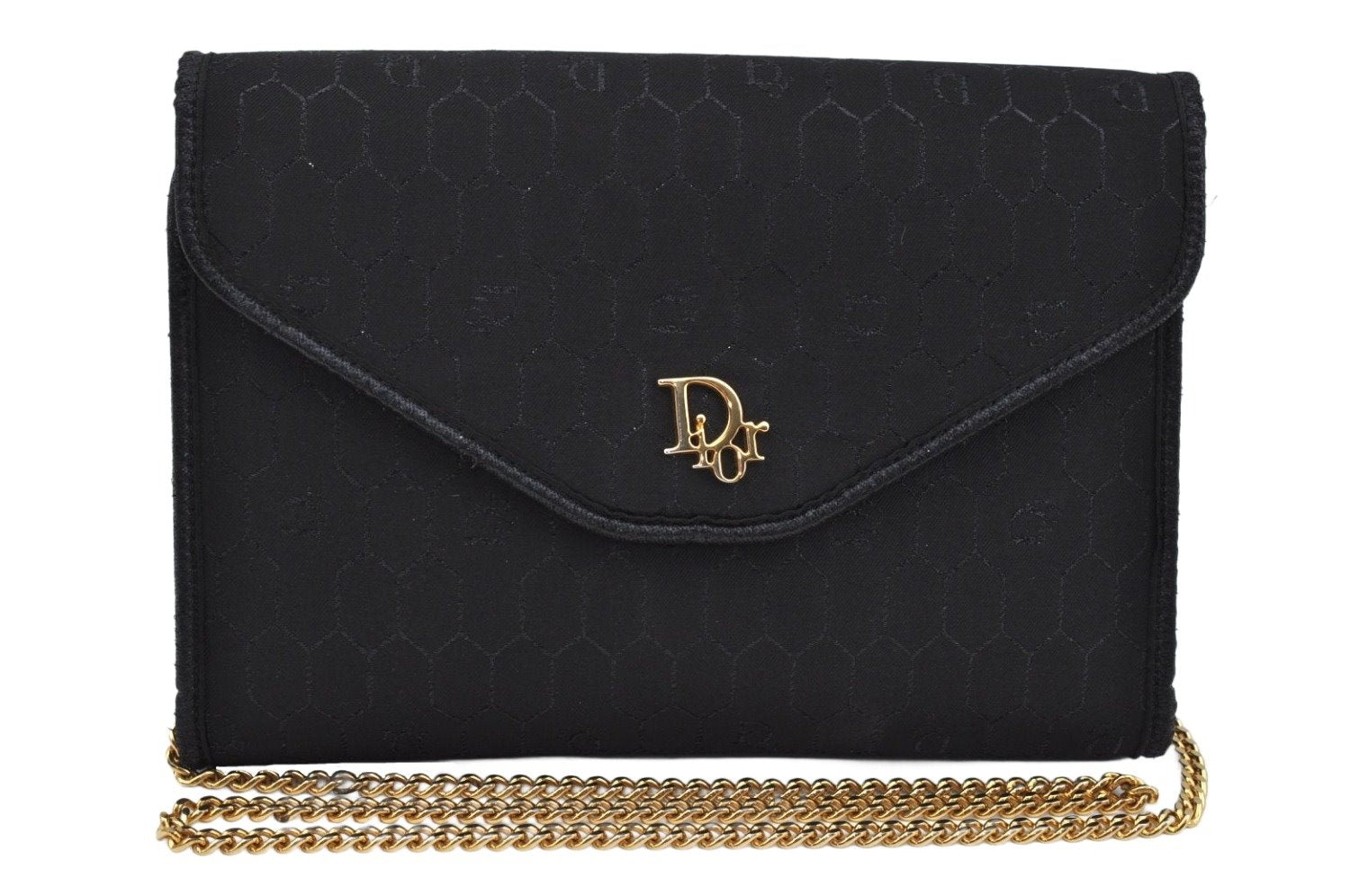 Authentic Christian Dior Honeycomb Chain Shoulder Bag Canvas Leather Black 9527I