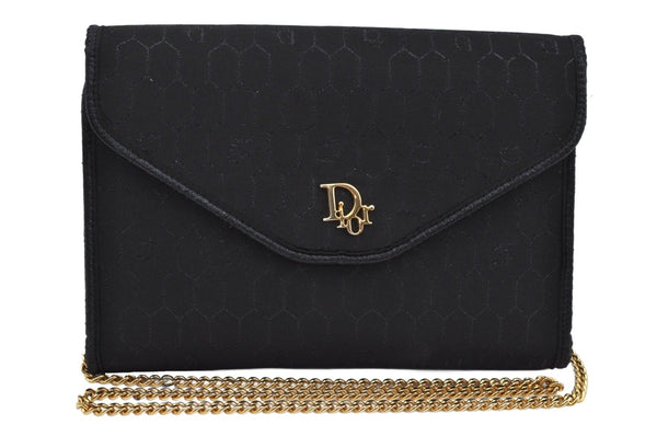 Authentic Christian Dior Honeycomb Chain Shoulder Bag Canvas Leather Black 9527I