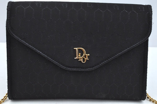 Authentic Christian Dior Honeycomb Chain Shoulder Bag Canvas Leather Black 9527I