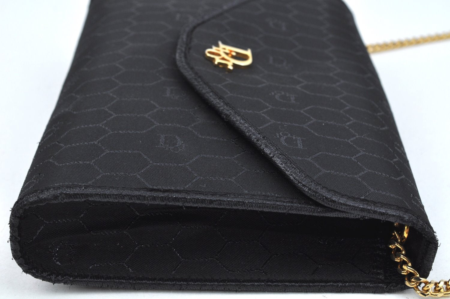 Authentic Christian Dior Honeycomb Chain Shoulder Bag Canvas Leather Black 9527I