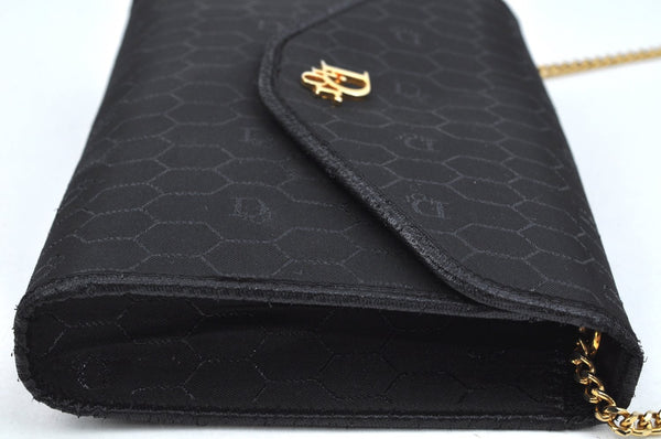 Authentic Christian Dior Honeycomb Chain Shoulder Bag Canvas Leather Black 9527I