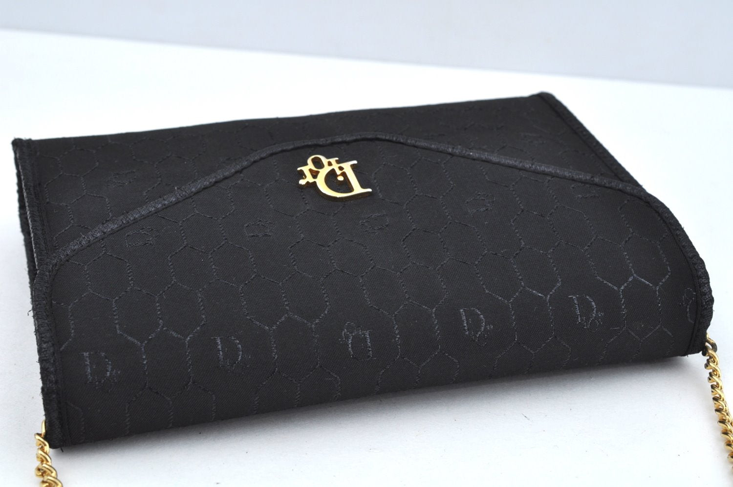 Authentic Christian Dior Honeycomb Chain Shoulder Bag Canvas Leather Black 9527I