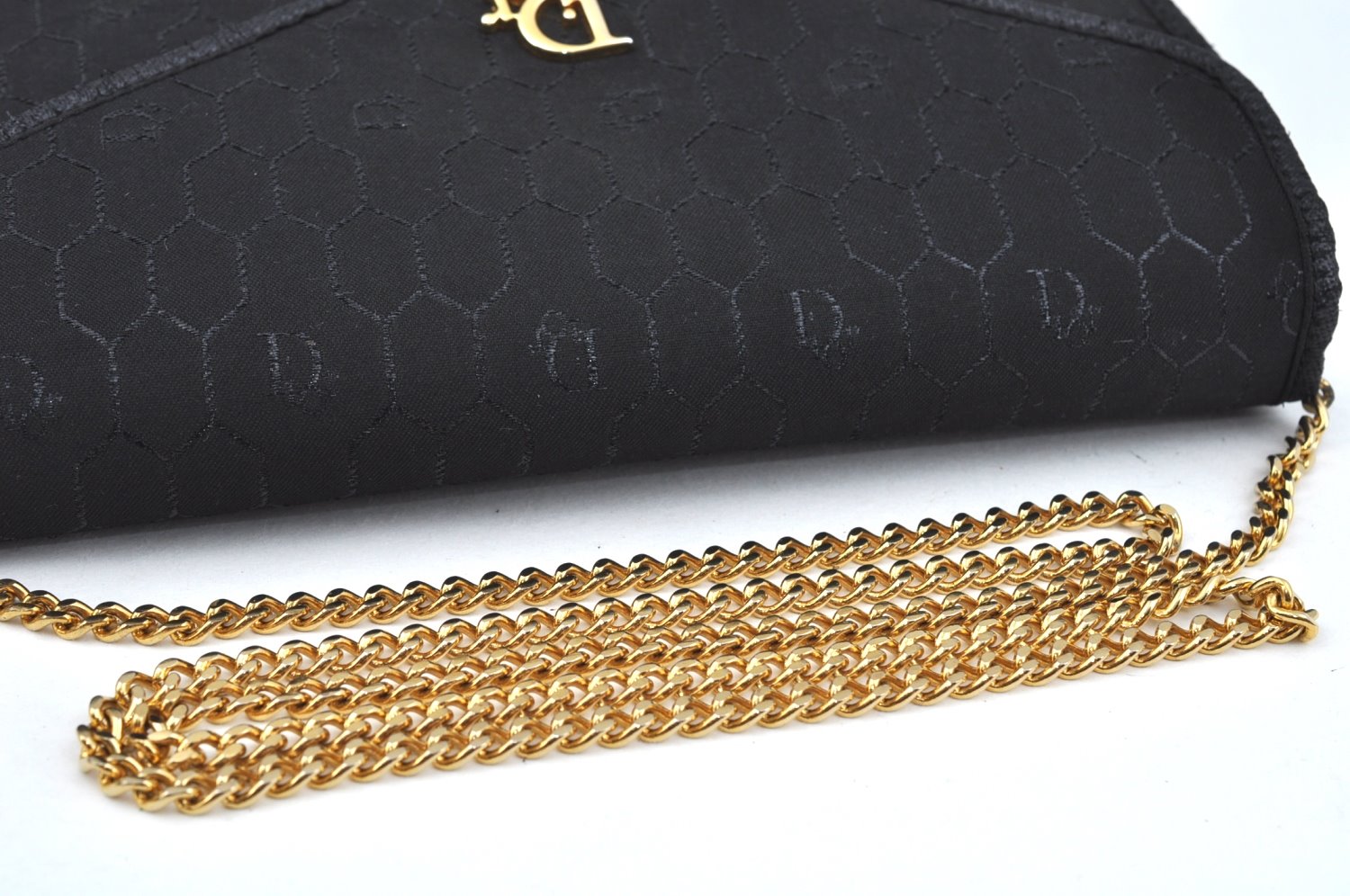 Authentic Christian Dior Honeycomb Chain Shoulder Bag Canvas Leather Black 9527I