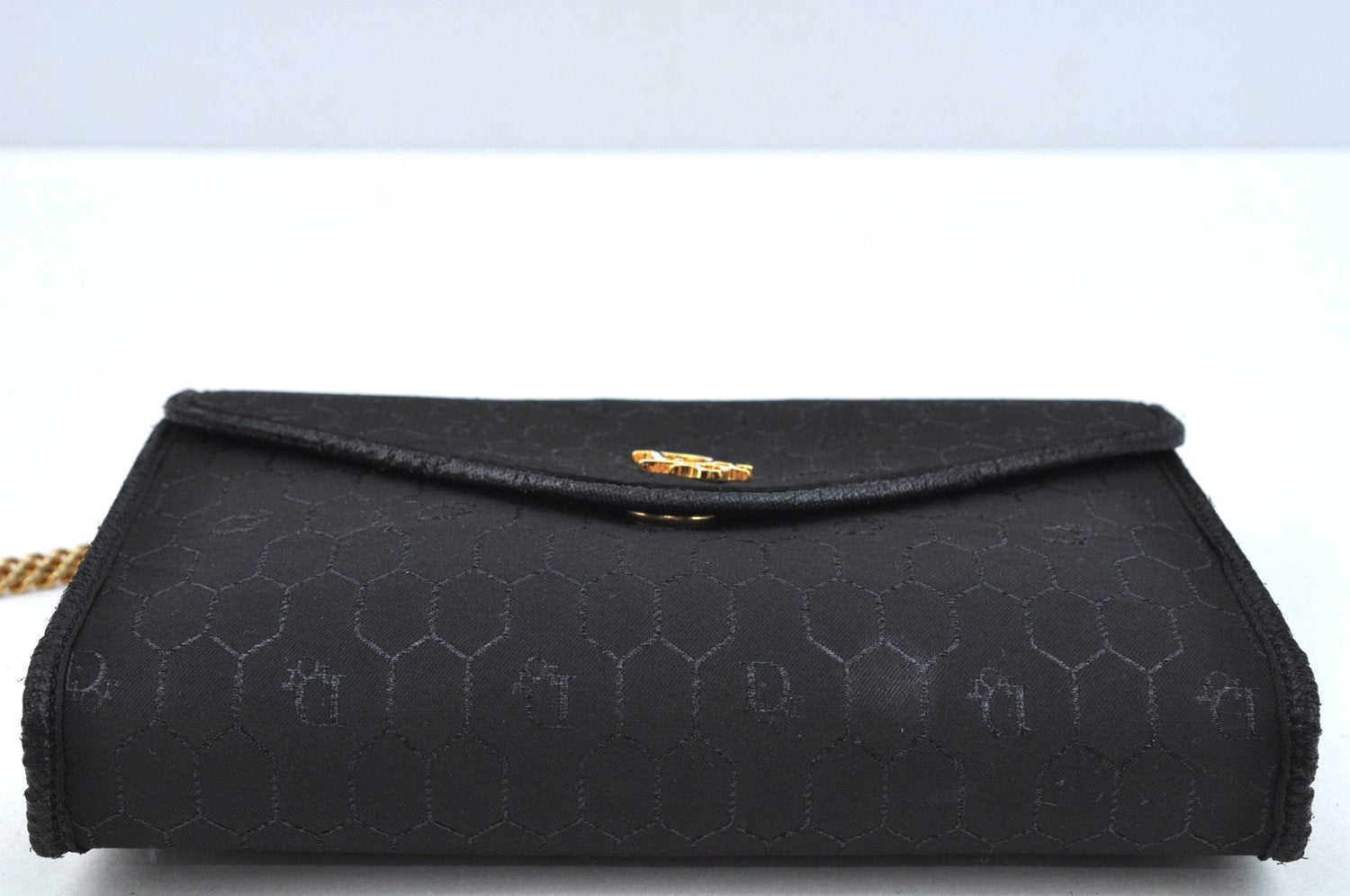 Authentic Christian Dior Honeycomb Chain Shoulder Bag Canvas Leather Black 9527I