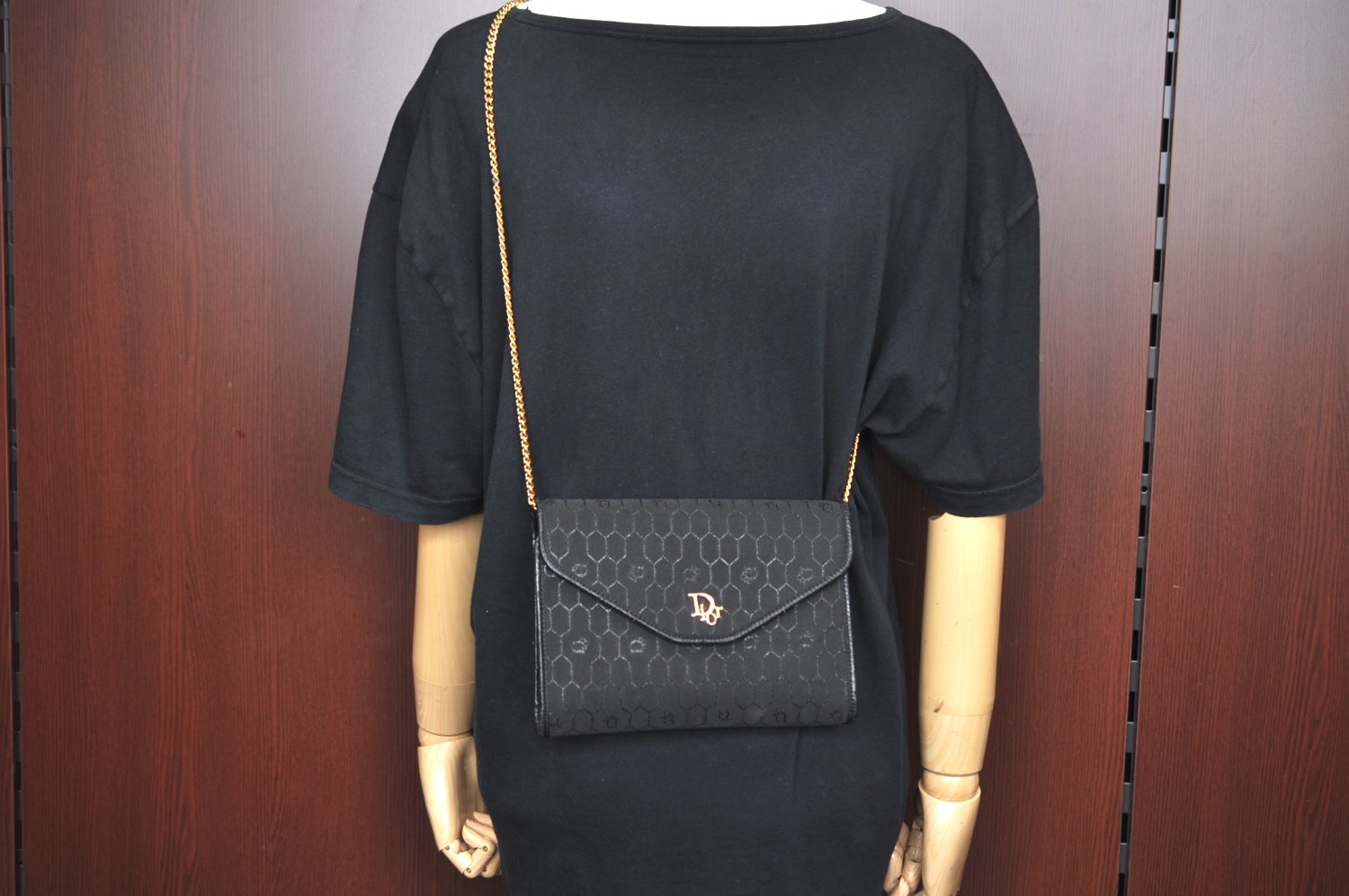 Authentic Christian Dior Honeycomb Chain Shoulder Bag Canvas Leather Black 9527I